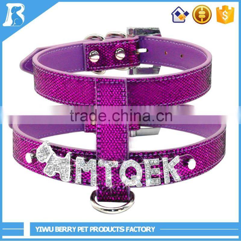 China supplier DIY pet name Personalized shimmer leather dog harness , dog harnesses