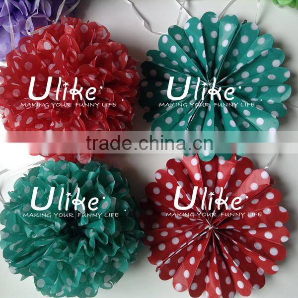 new design polka dot paper fan double used paper pinwheels fan and pom poms flowers wedding table decoration
