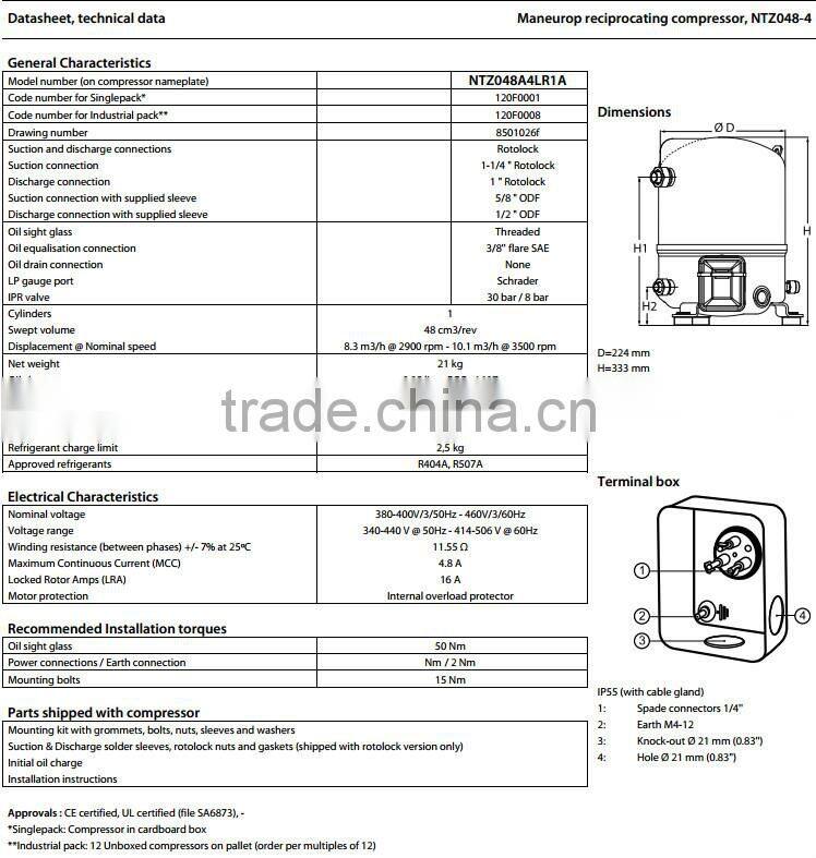 NTZ048 Maneurop Hermetic Reciprocating Compressor for Freezer