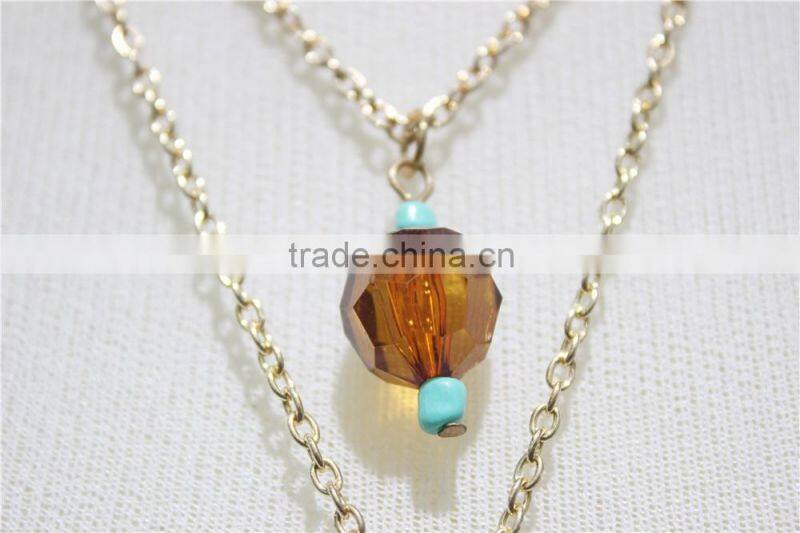 Newest Double Layered Elegant Smoked Topaz Glass w/ Brown Bead & Turquoise Seedbead Pendant Necklace 2016 Fashion Wholesale
