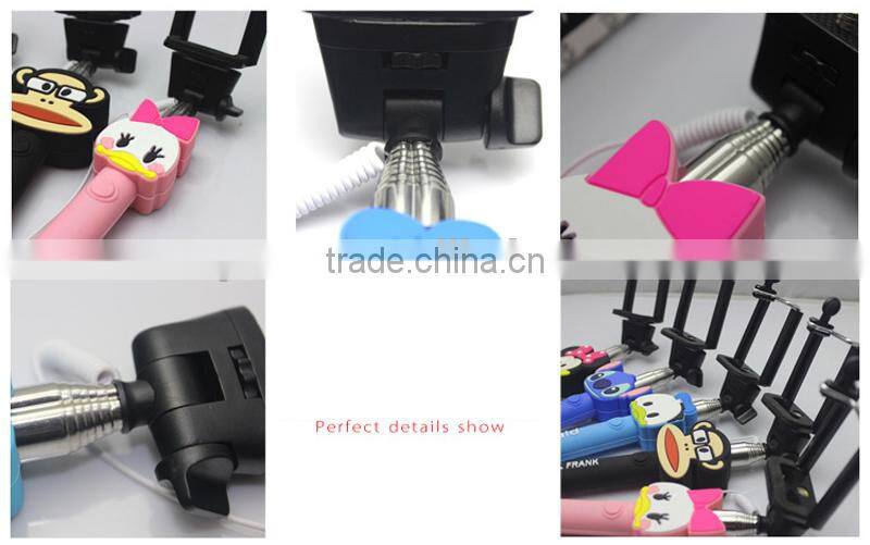Fashionable foldable aluminum alloy cartoon selfie stick with cable