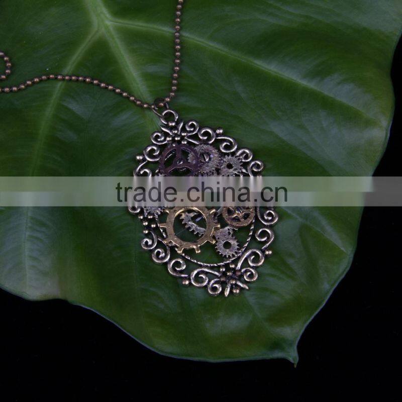 New design steampunk gear cameo pendant statement necklace 2015 yiwu fashion imitation jewelry hot sale