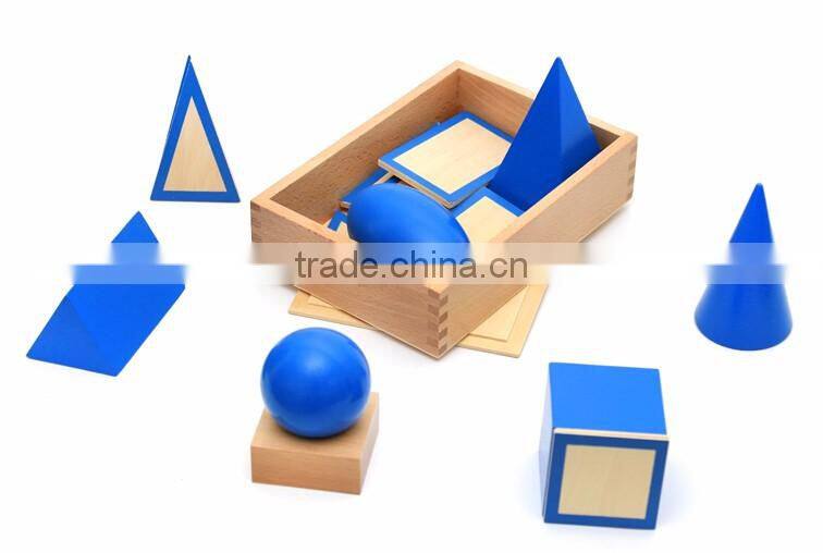 Wooden educational baby toy Montessori Geometric Solids with Stands Bases and Box