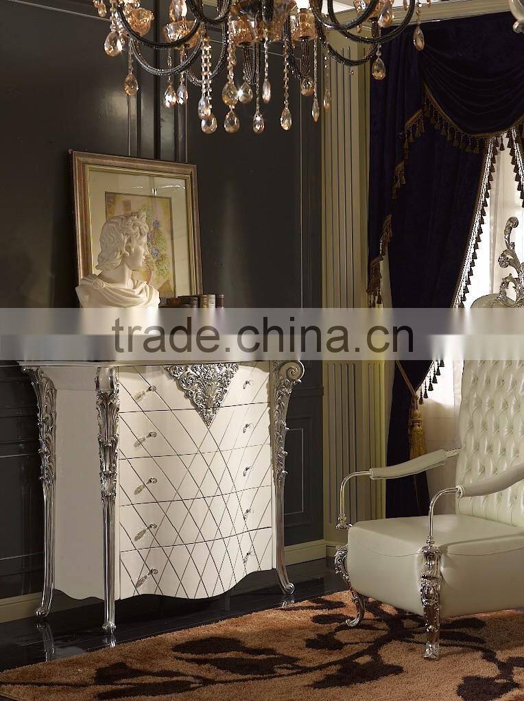 Louis XVI Style Vintage Furniture Luxury Bedroom White and Silver Color Chest of Five Drawers Cabinet