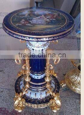 Antique European Small Round Porcelain Table, Hand Painted Ceramic Telephone Table, Home Decorative Gilt Brass Mounted Side Tabl