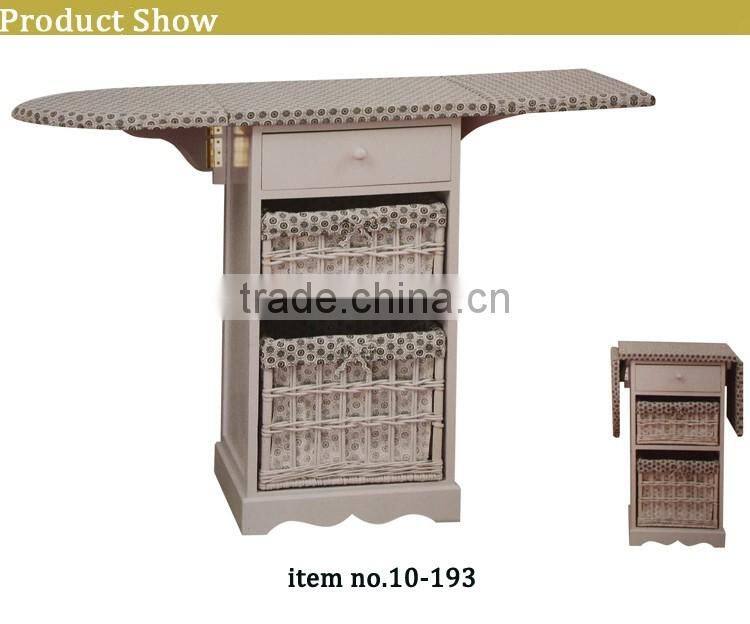 folding wooden ironing board in cabinet
