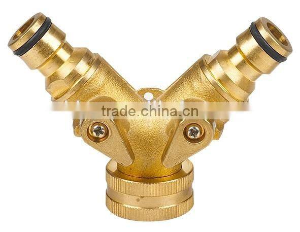 Brass two way hose connector with shut off function for garden