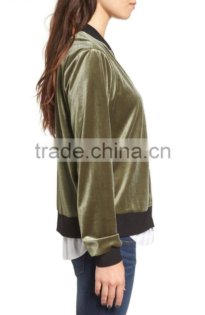 Women Winter Spring Fashion Clothing Wholesale Custom Logo Lightweight Jacket Stylish Baseball Green Velvet Bomber Jacket