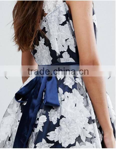 Guangzhou Fashion Clothing OEM Navy Slash Detail Sexy Organza Floral Dress
