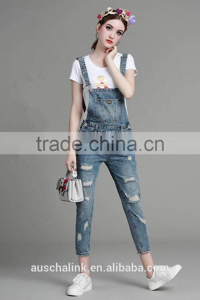 autumn new style high quality washed damaged bib pants customized