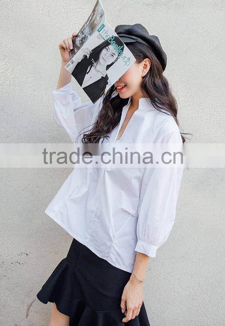 SZXX Tops Fashion Womens Lady V-Neck White Casual Blouse