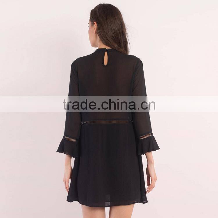HAODUOYI Sexy Soild Black Women Dress Butterfuly Long Sleeve Lace Stitching Hollow Out Deep V-neck Vestidos for Wholesale