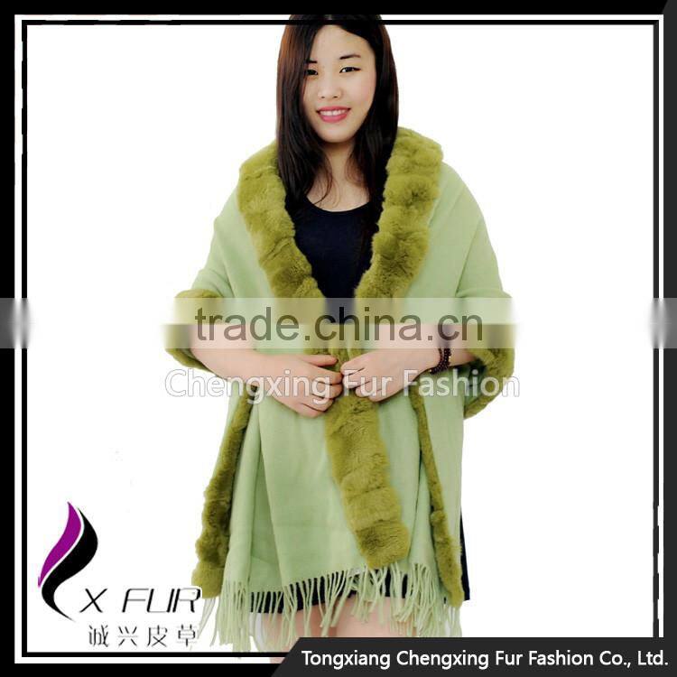 CX-B-P-48D Fashion Indian Cashmere Pashmere With Rex Rabbit Fur Shawls Hand Made