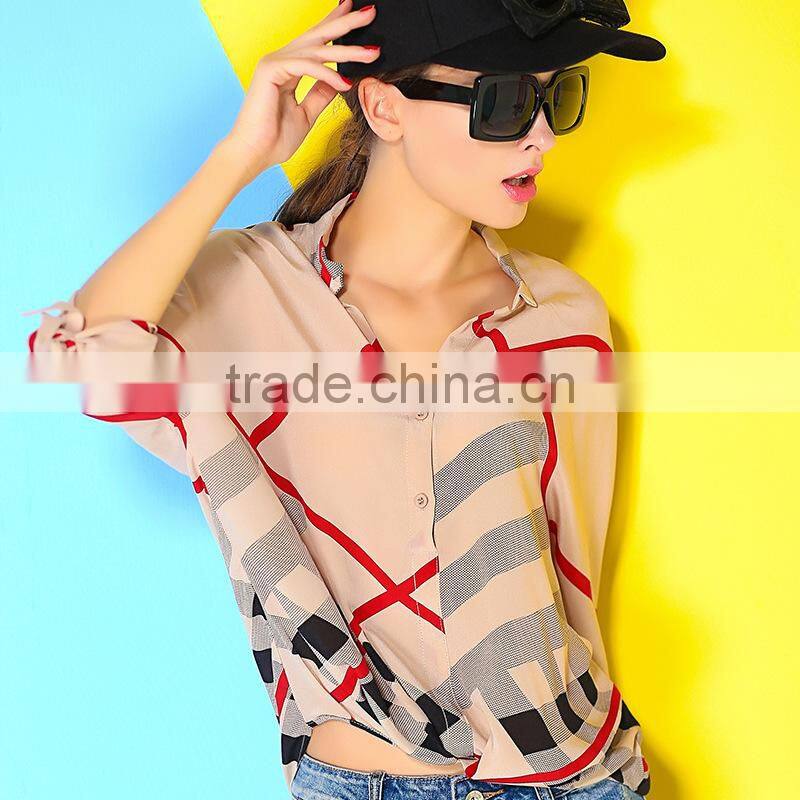 Two color 3/4 sleeve fashion design 2015 new design chiffon ladies blouse