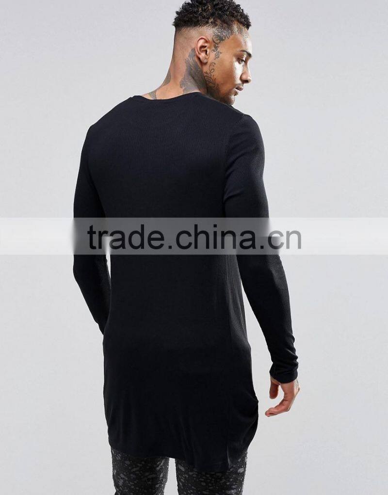 Super long line t shirt plain black slim fit t shirt custom logo t shirt