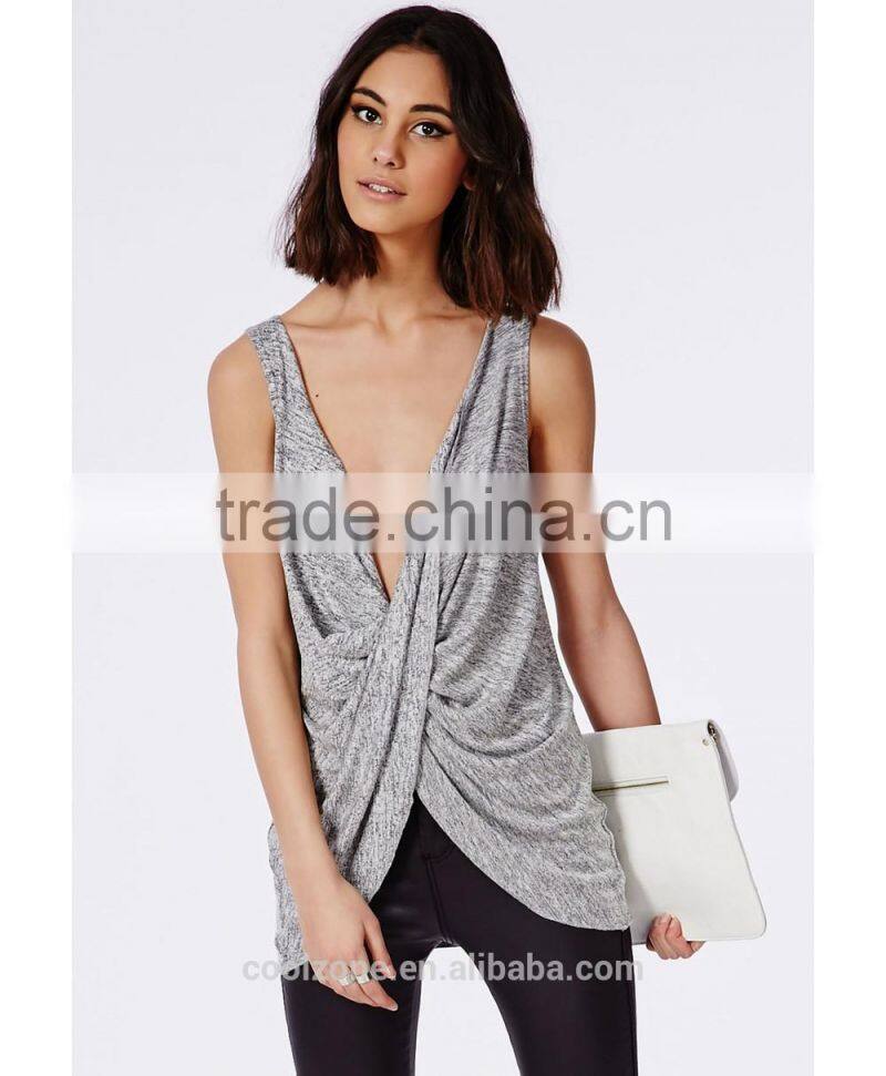 Sexy drape front sleeveless cheap lady blouse fashion women blouse 2016