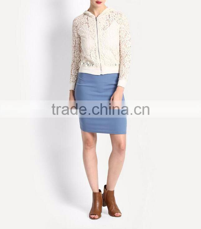 High quality zip up white lace hoodie for women wholesale