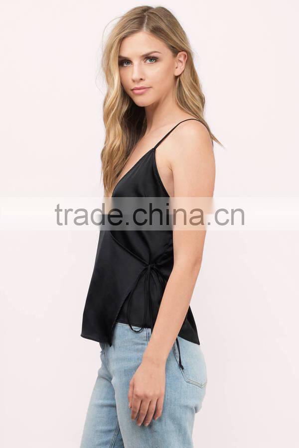 2017 latest fashion design wholesale black sexy tank top satin blouse