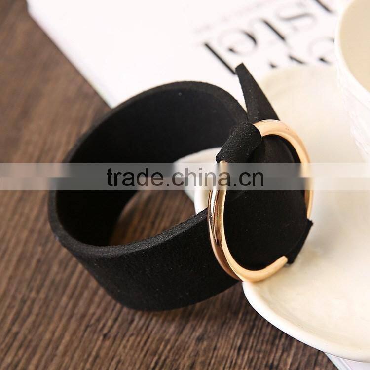 Wide Black Punk Leather Bangle Bracelet with Adjustable Gold/Silver Loop Circle for Lady