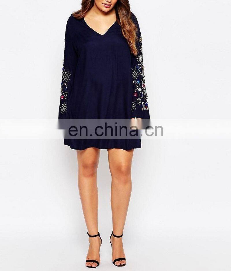 New trendy women wholesale V neck blouse with sleeve beading design