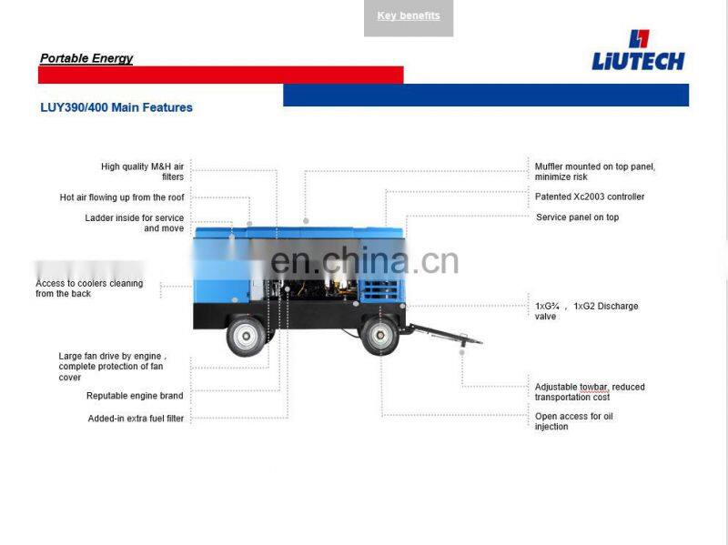 Liutech 25bar 375kW Diesel Portable Screw Air Compressor For Water Well Drilling