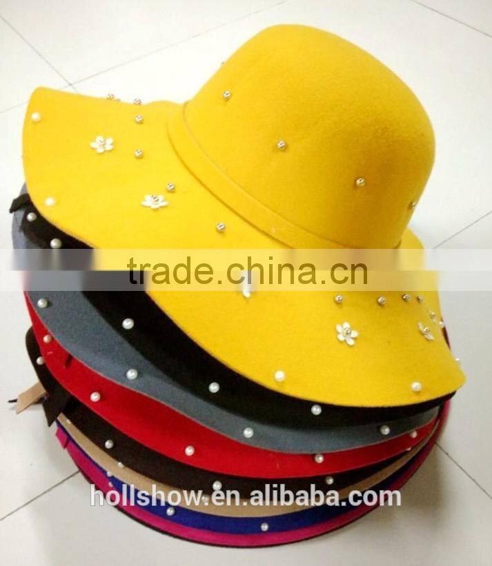 Fashion Women Flower Pearl Beaded Large Brim Trilby Fedora Hats with Ribbon