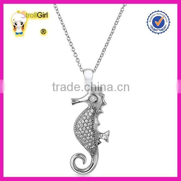 Top silver seahorse metal pendant necklace jewelry with CZ stone