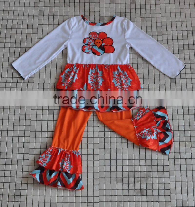 Wholesale childrens boutique clothing turkey embroidery ruffle baby girls thanksgiving outfits