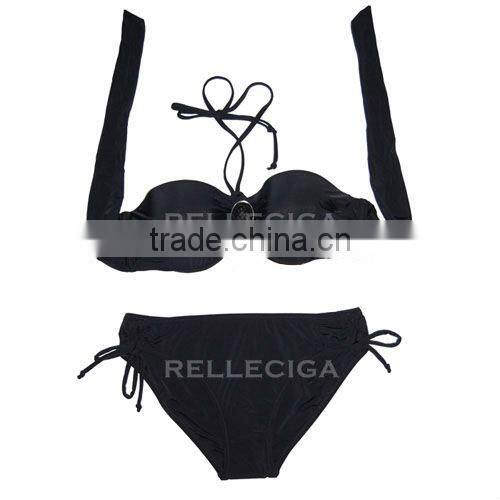 RELLECIGA Bandeau Swimwear Bikini Series - 1/2 Cup Bandeau Top Sexy Girls Black Bikini with Rhinestone Decoration
