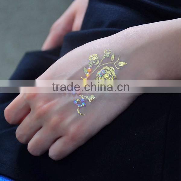 Custom fashionable rhinestone sticker metallic tattoo diamond gold temporary tattoo stickers