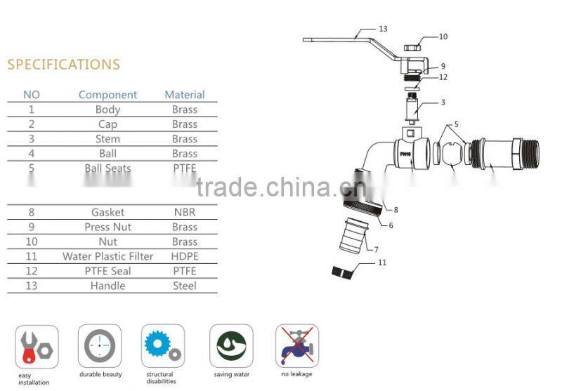 ART.2001 Bathroom Wall Mounted Washing Machine Water Faucet Tap 1/2" 1" Forged Nickel Plated Single Cold Brass Ball Hose Bibcock