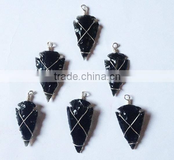 Wire Wrapped Black Obsidian Arrowhead Pendants Wholesale