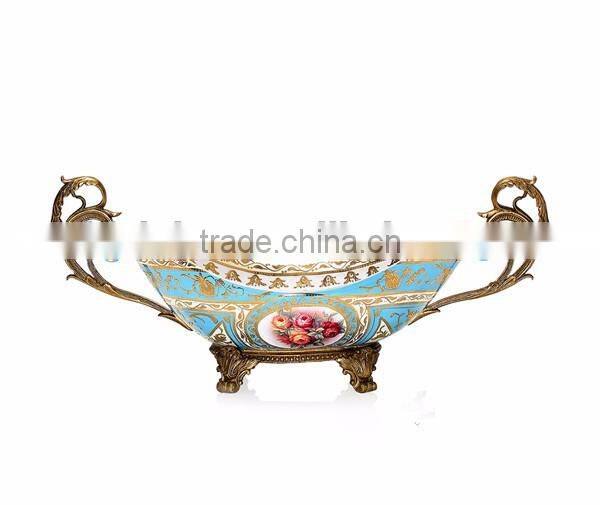 Home Decorative Ceramic Lided Jar Box, Porcelain Decorative Box With Antique Brass Base