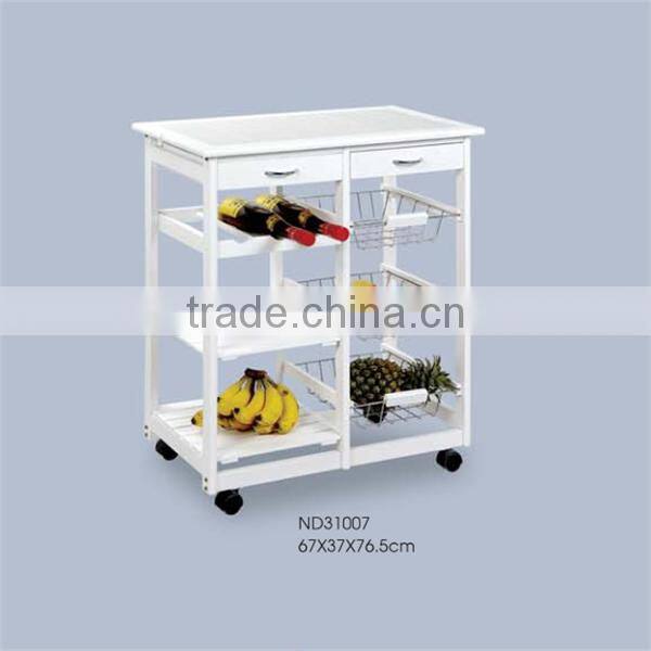 Cheap Natural solid wood kitchen trolley with basket