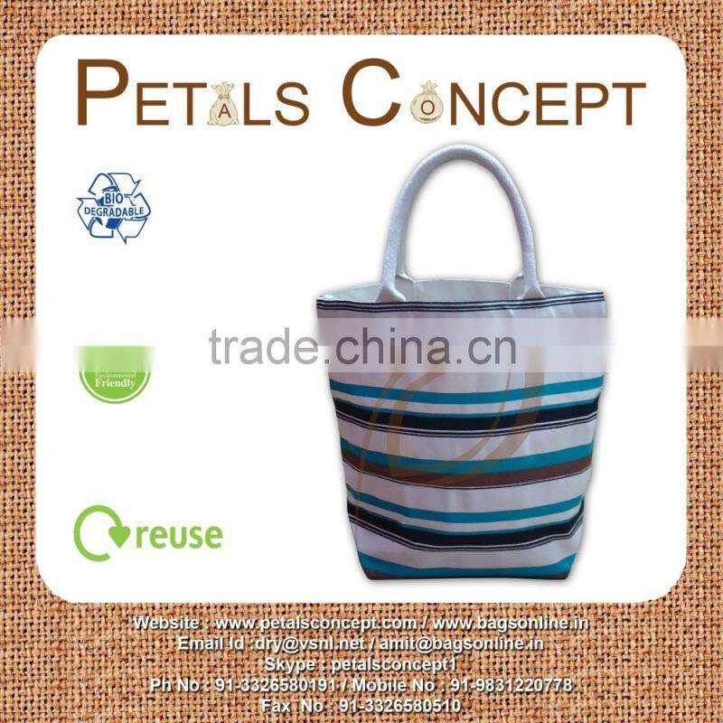 Natural Canvas Stripe printed tote Bag with Padded web Handle