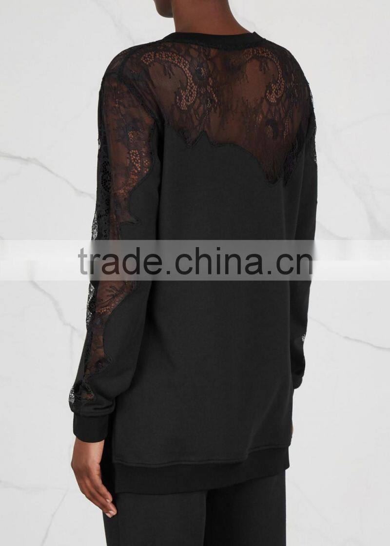 Wholesale Women Apparel Ribbed Trims Black Lace-insert Cotton Blend Sweatshirt(DQE0320T)