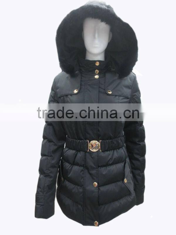 Hot selling high quality woman winter padding coat with rabbit fur hood