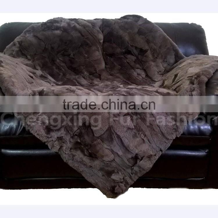 CX-D-66F High Quality Pachwork Rex Rabbit Real Fur Throw Blanket