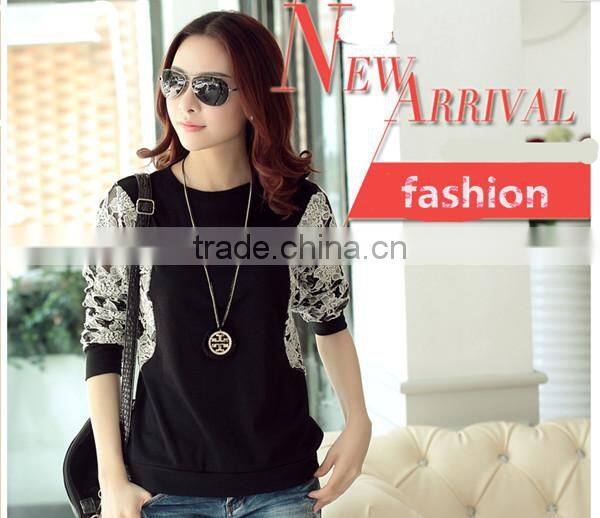 Korean style slim round neck long batwing sleeve women lace stitching plus size blank t-shirt