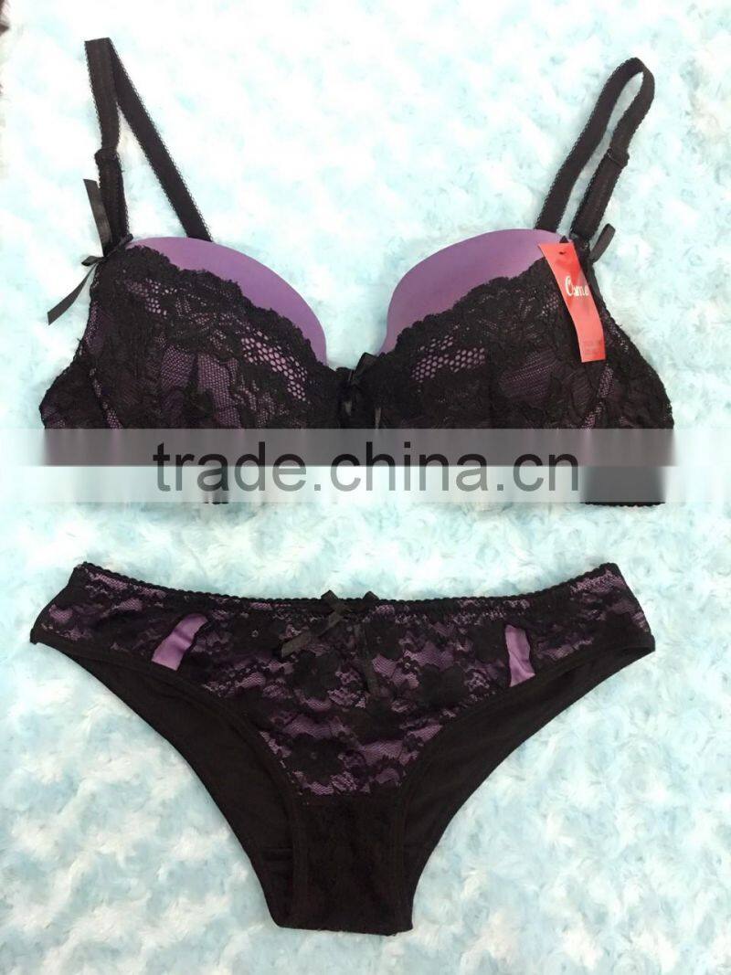 Lace top see through polymide bra and panty brief Shantou quality underwear Sanhui