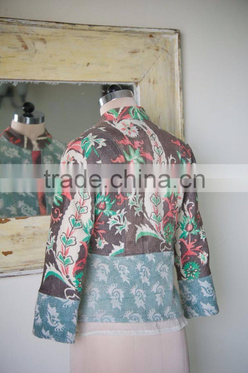 Vintage Kantha Jacket in Dirty Green & Brown ~ Small