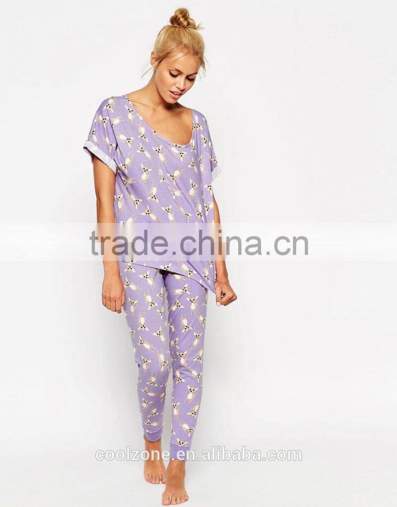 100% Cotton soft touch jersey pajama set women print pajama