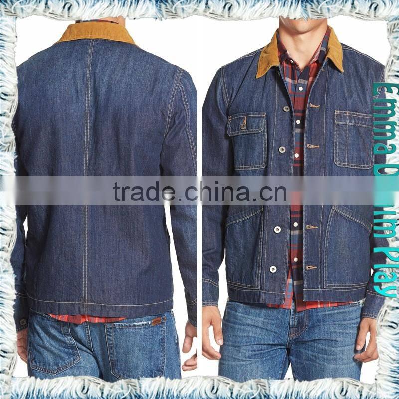 Fashion Dark Blue Male Suede Collar Short Denim Jacket
