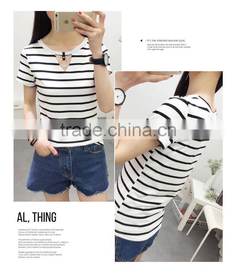 Girls Cheap Plain v neck stripe t shirt with ring low moq wholesale price