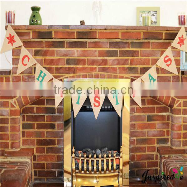 Burlap Hessian Vintage Christmas Bunting Banner, Shabby Chic Bunting Banner & Red Snowflakes
