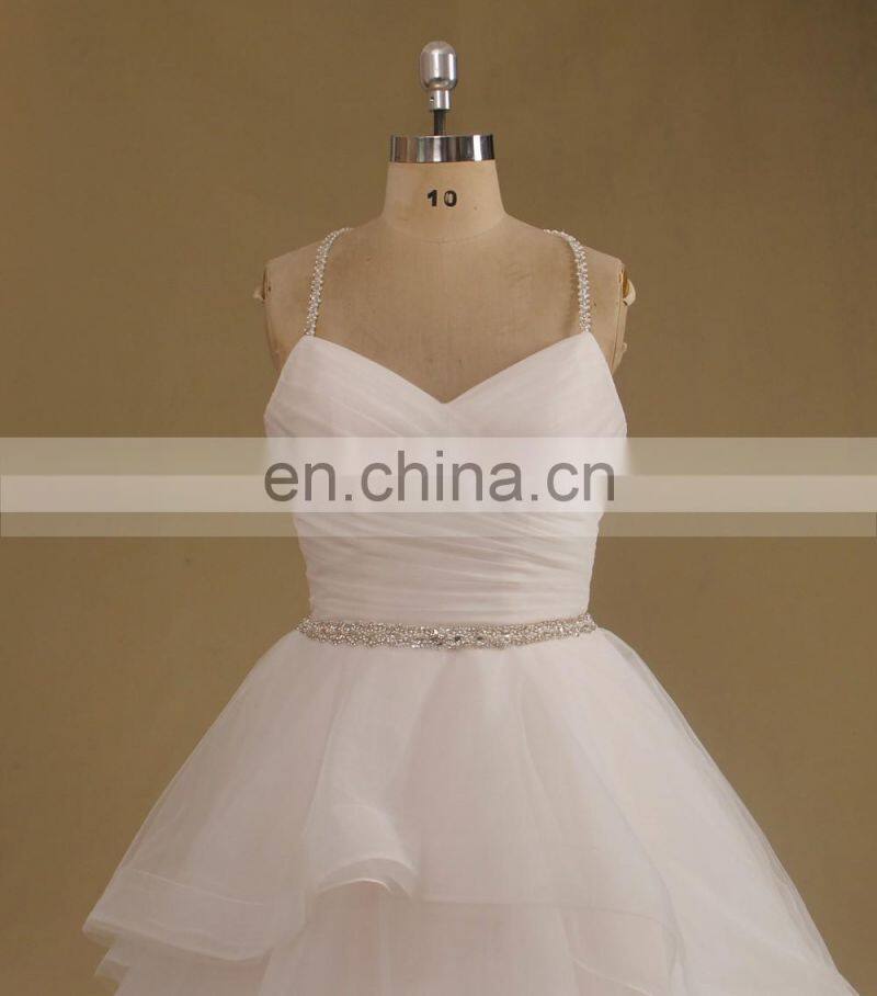 New Arrival Eleagnt V Neck Beaded Straps & Betl Puff Wedding Gown Ruffle Organza