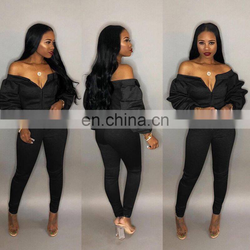 Clothing wholesale custom fashion trend strapless sexy jumpsuit zipper puff sleeve trousers plus size women's clothing