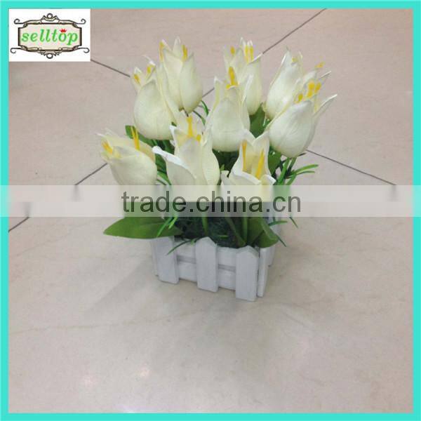 20cm 9 heads silk tulip with wooden pot artificial flower bonsai