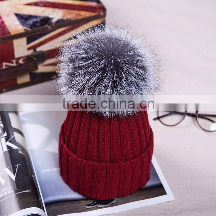 New Arrival Winter Fashion Girl Wool Knit Silver Fox Fur Hats