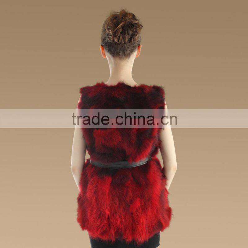 Long style 2015 Winter Elegant red color Lady Real Raccoon Fur Vest with Belt